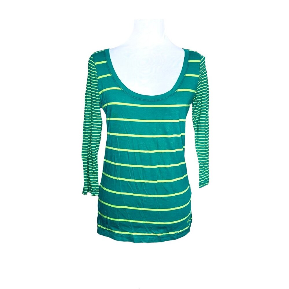 NWT Hollister California Green Horizontal Striped Mid Sleeves Tee Sz S